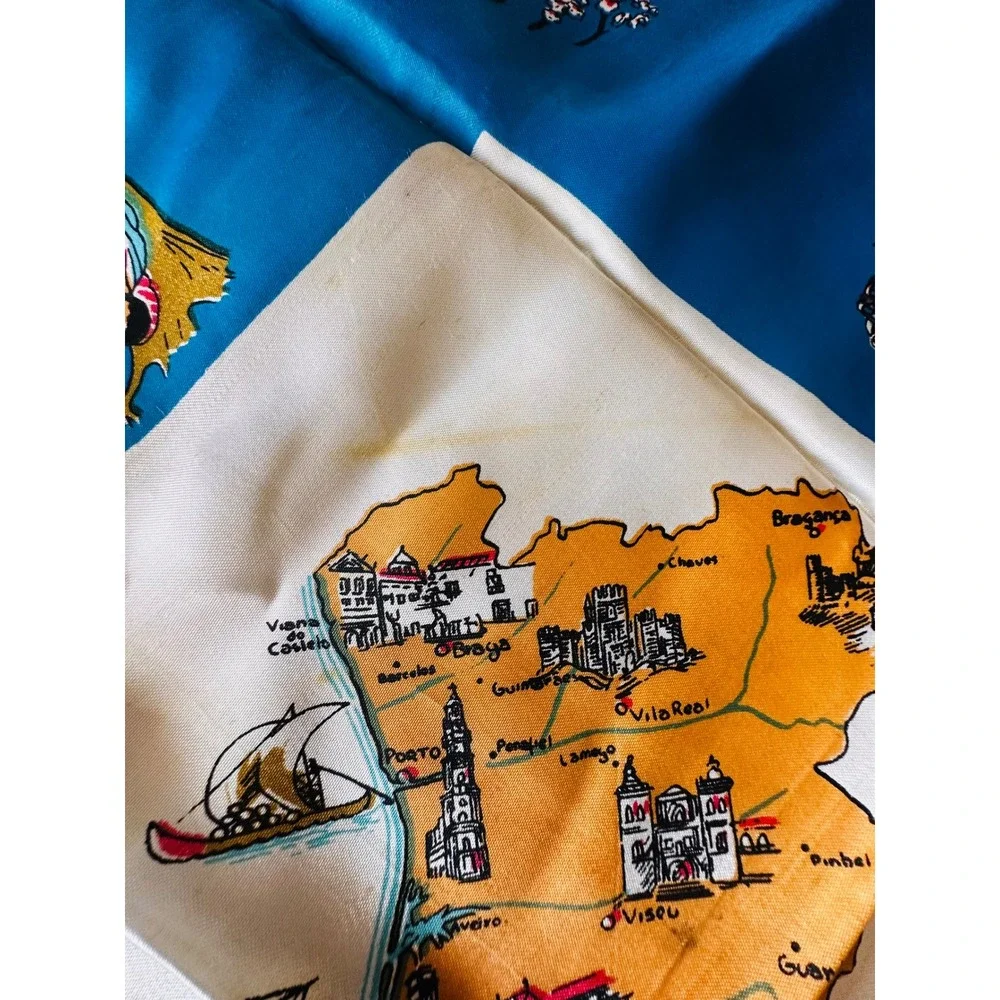 Blue & Cream Printed Silk Scarf with Cultural Motif